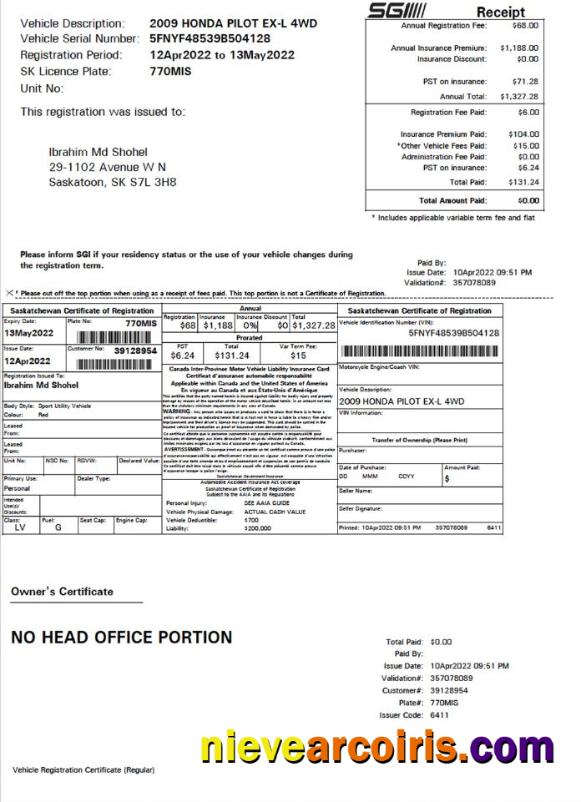 Canada Saskatchewan certificate of vehicle registration